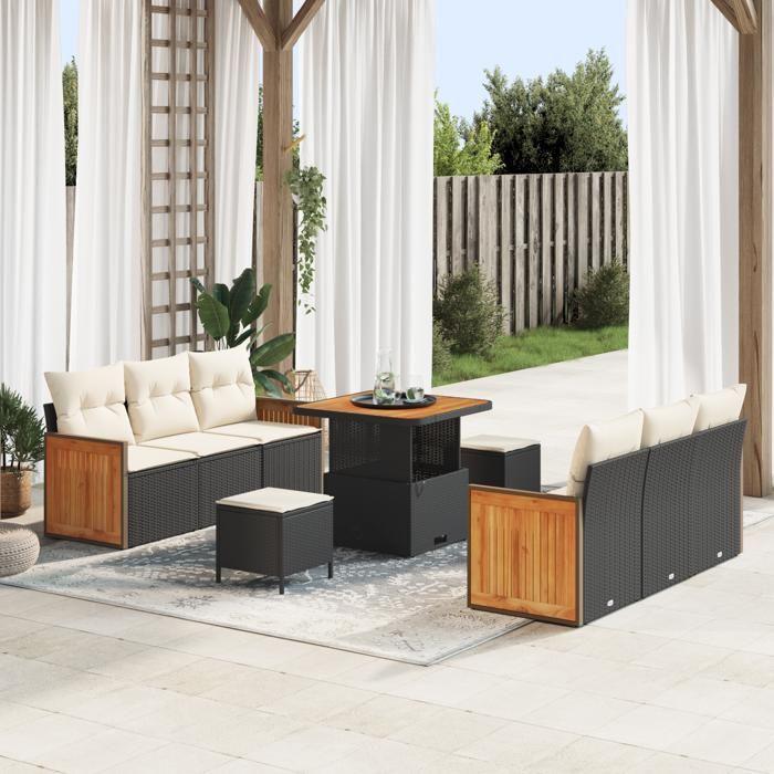 VidaXL Ensemble de Canapé de Jardin 9 Pièces avec Coussins en Poly Rotin Noir Acacia 3365205