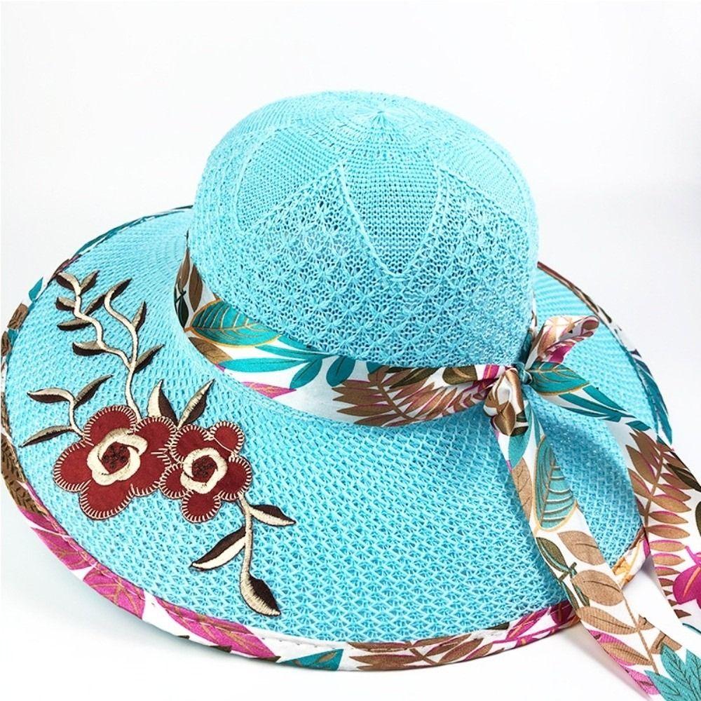 Foldable Flower Embroidery Hat Wide Brim Sun Protection Hat New Straw Beach Cap  Women Summer