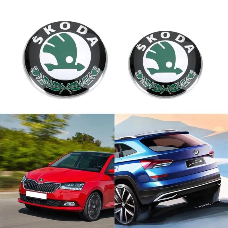 For Skoda 1Pcs Front Hood Emblem 90mm+Rear Badge 80mm Sticker For Skoda Octavia Rapid Kodiaq Karoq Fabia Kamiq Superb Derivative