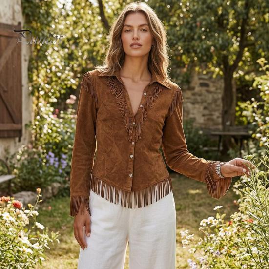 Women Tassel Shirt for Autumn, Button Down Slim Fit Fringe Long Sleeve Top Blouse, Solid Color Casual Top, Western Cowgirl Outfit Elegant Date