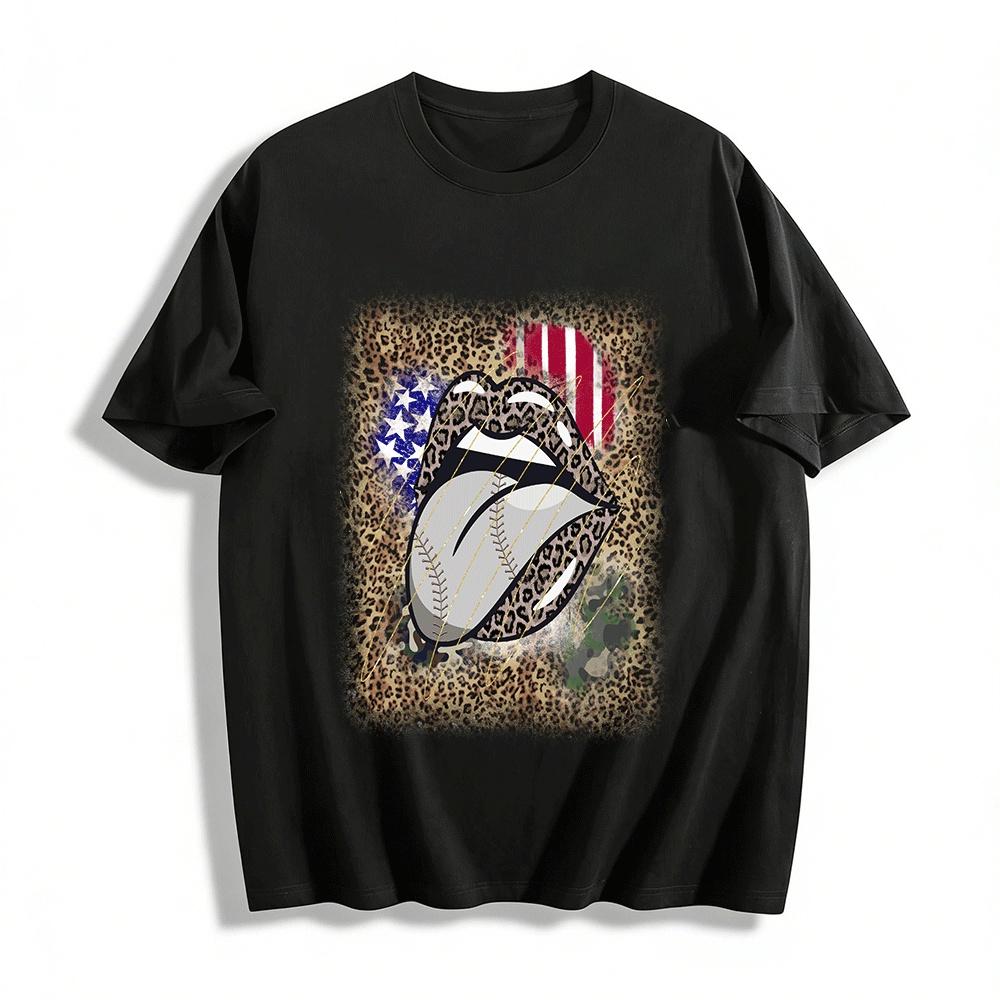 American Baseball Leopard Print Lip Graphic Casual Tee Pure cotton T-shirt XXS