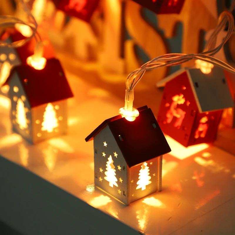 Boże Narodzenie Drewniany Dom LED String Light Xmas Tree Wisząca ozdoba 2024 Dekoracja świąteczna dla domu Dzieci Nowy Rok Prezent Navidad