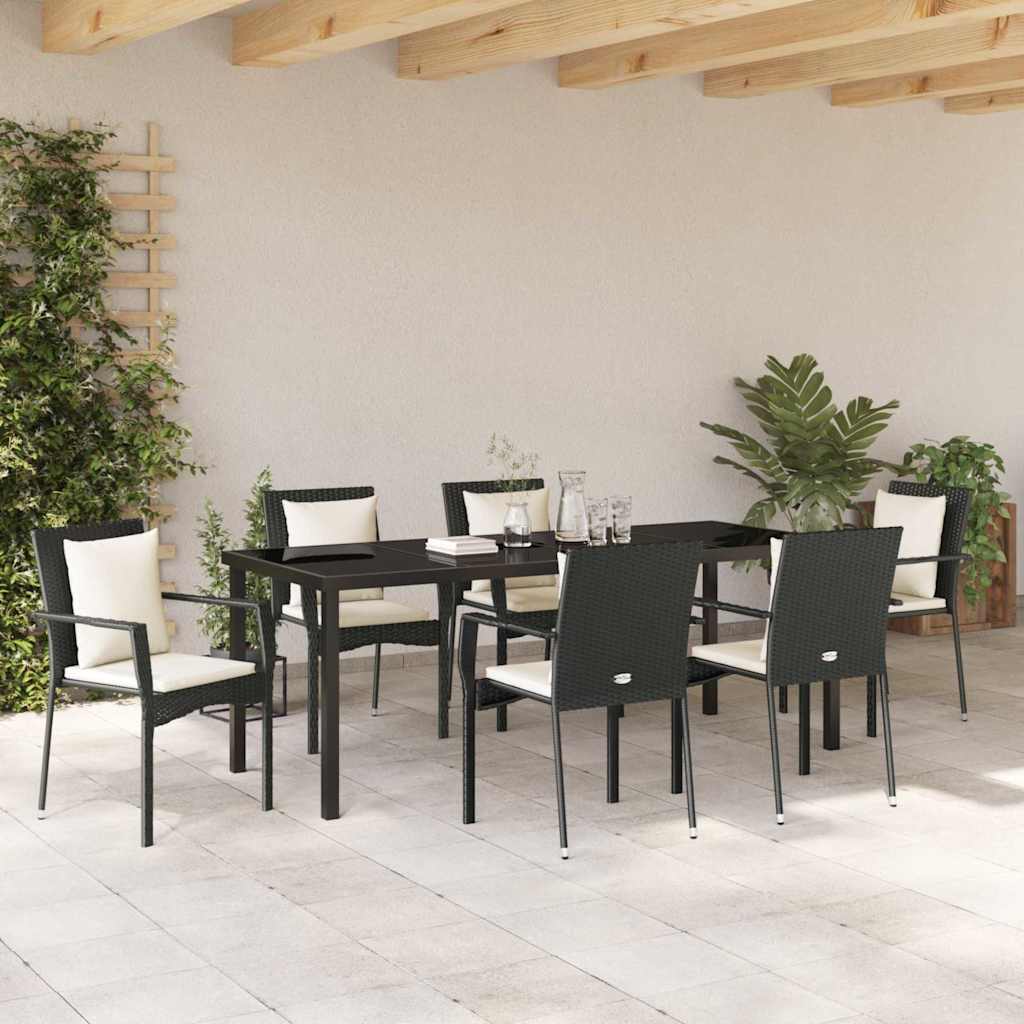Garden Dining Set with Cushions 7 pcs Black Poly Rattan