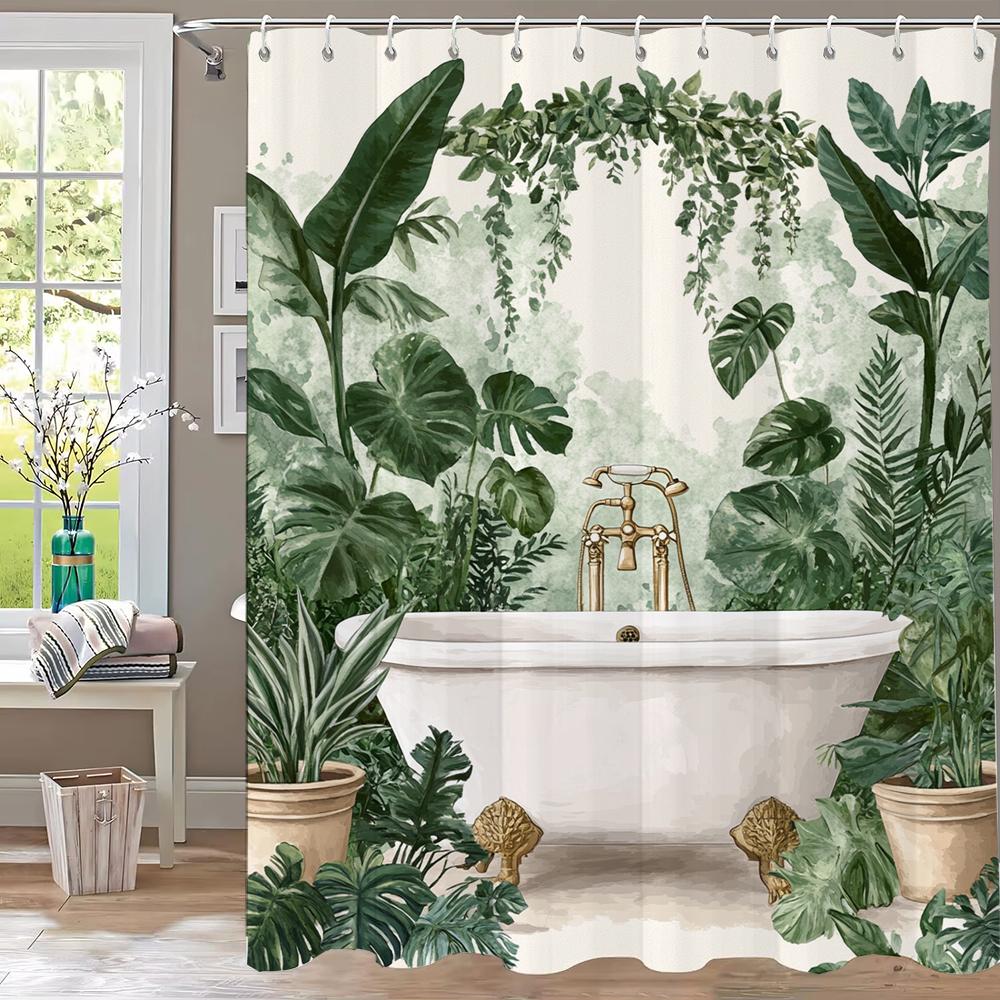 Tropical Plants Bathtub Shower Curtain, Green Leaves Art Bathroom Decorative Curtain, Printed Polyester Curtain with Hooks