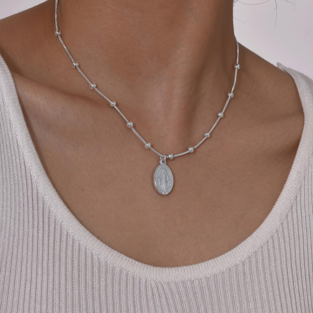 Holy Virgin Rosary Necklace for Women,Stainless Steel Bead Snake Chain Necklaces,Classic Religion Jewelry Gift