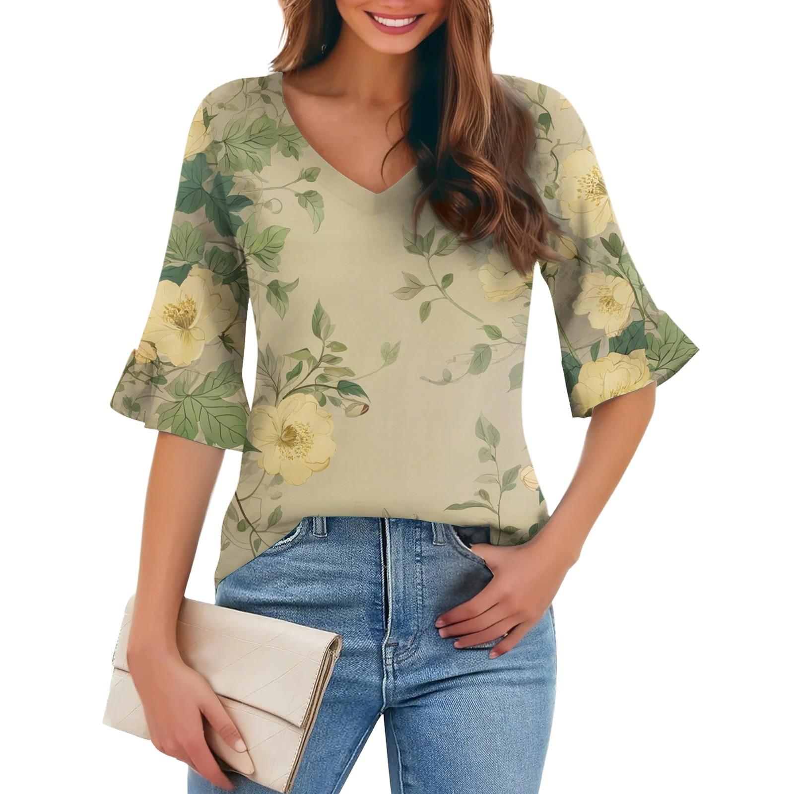 

Женская повседневная модная футболка с V-образным вырезом, свободная, для поездок на работу, с цветочным принтом и рукавами-пятью точками L