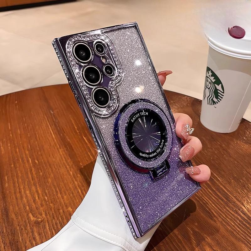Suitable for Samsung S25ultra Mobile Phone Case A55 Rhinestone Magnetic Bracket S22 High End Sense S24P Anti Fall Flash Powder Women