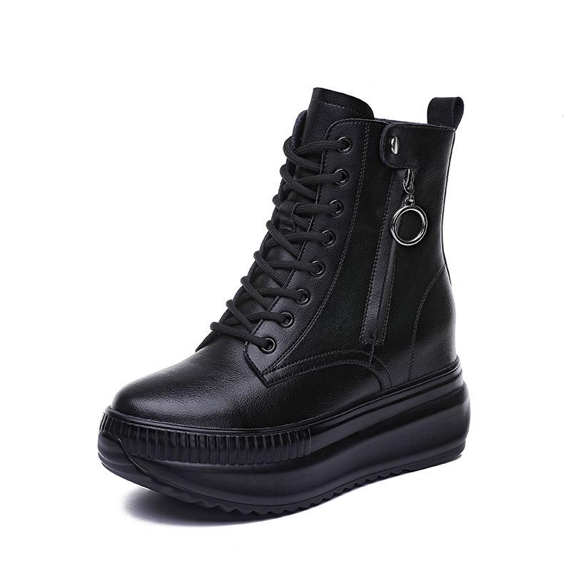 

Модные новые женские ботильоны на платформе с увеличением высоты на 8 см, из натуральной коровьей кожи, на массивной платформе, повседневные короткие ботинки, теплые осенне-зимние туфли, черные 34 чёрный