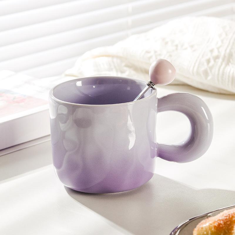 High Value Gradient Ceramic Cup Niche Design Sense Mug with Lid Spoon for Girls Coffee Cup Couple Drinking Water Cup