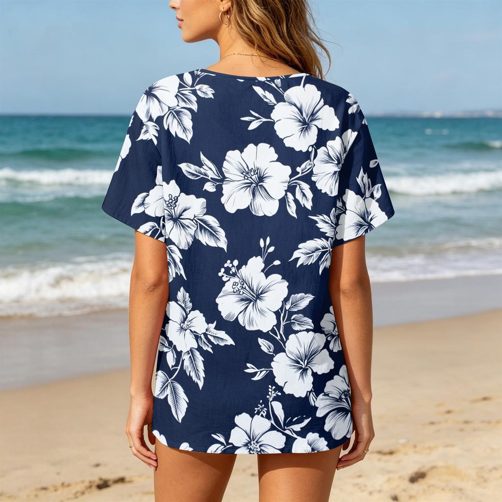 Women's Floral Print Short Sleeve Shirt Henley Button Neck Chest Pocket Casual Linen Cotton Blended Top for Summer
