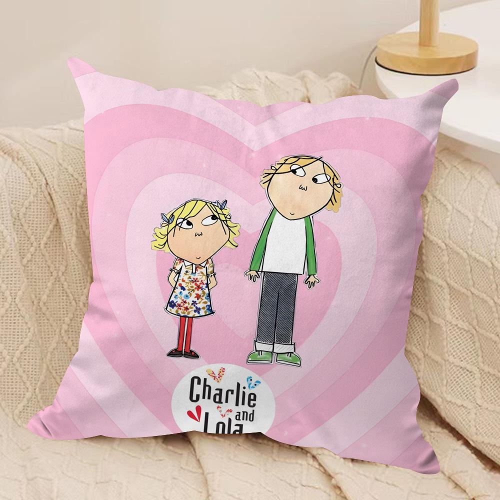 Charlie and Lola Anime Cushion Cover Soft Plush Fabric Double-Sided Printed Sofa Cushion Cover for All Seasons Home Decor Gift