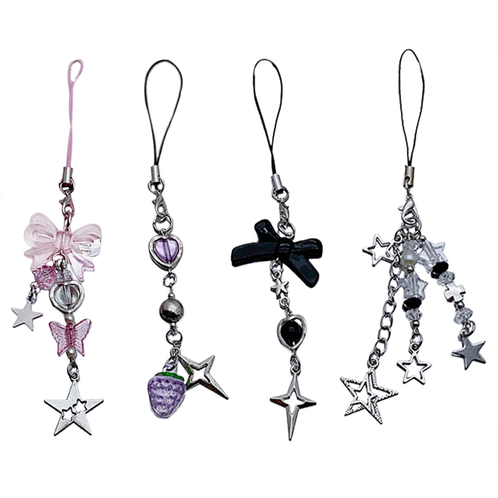 

4Pcs Cute Bowknot Star Phone Charm Straps Car Keys Hanging Pendants Sweet Bag Decoration Lanyard Purse Accessories 1