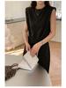 Women's Elegant Black Sleeveless Dress with Belted Flowing Ribbon
