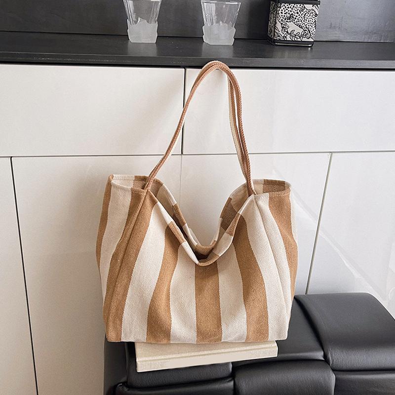 Women Striped Shoulder Bag Simple Carrying Bag Large Capacity Stylish Shoulder Purse Casual Shopping Bag Canvas Commuting Bag