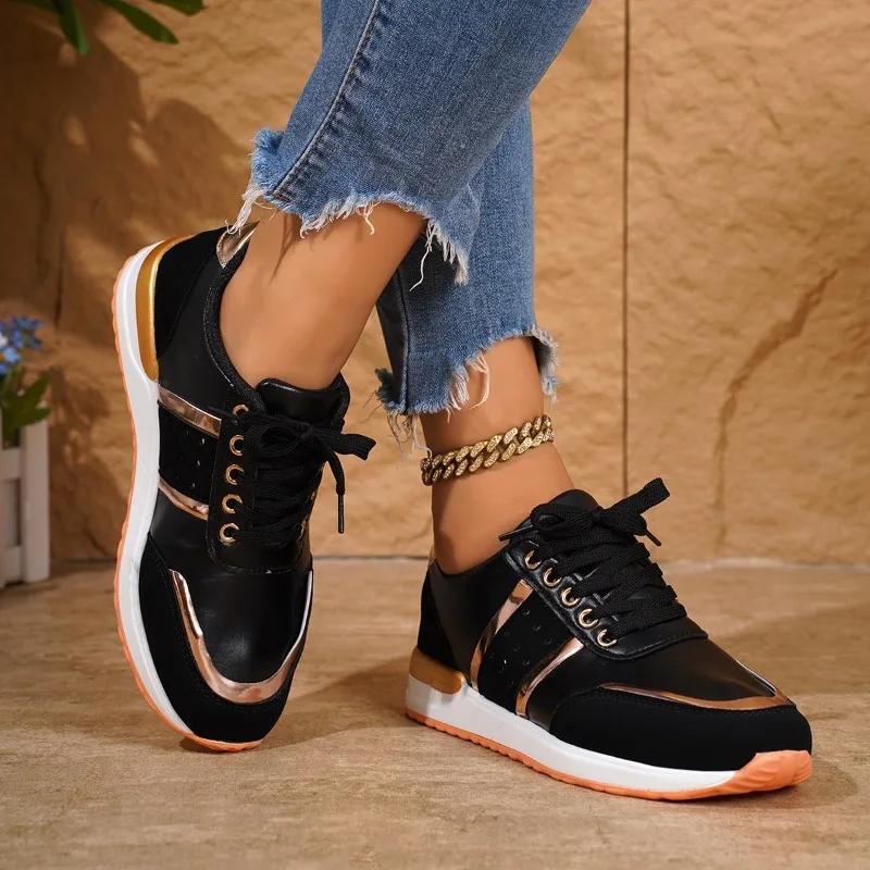 2024 Ladies Shoes Lace Up Women's Vulcanize Shoes Plus Size Women Sneakers Round Toe Flat with Mixed Colors Women's Casual Shoes