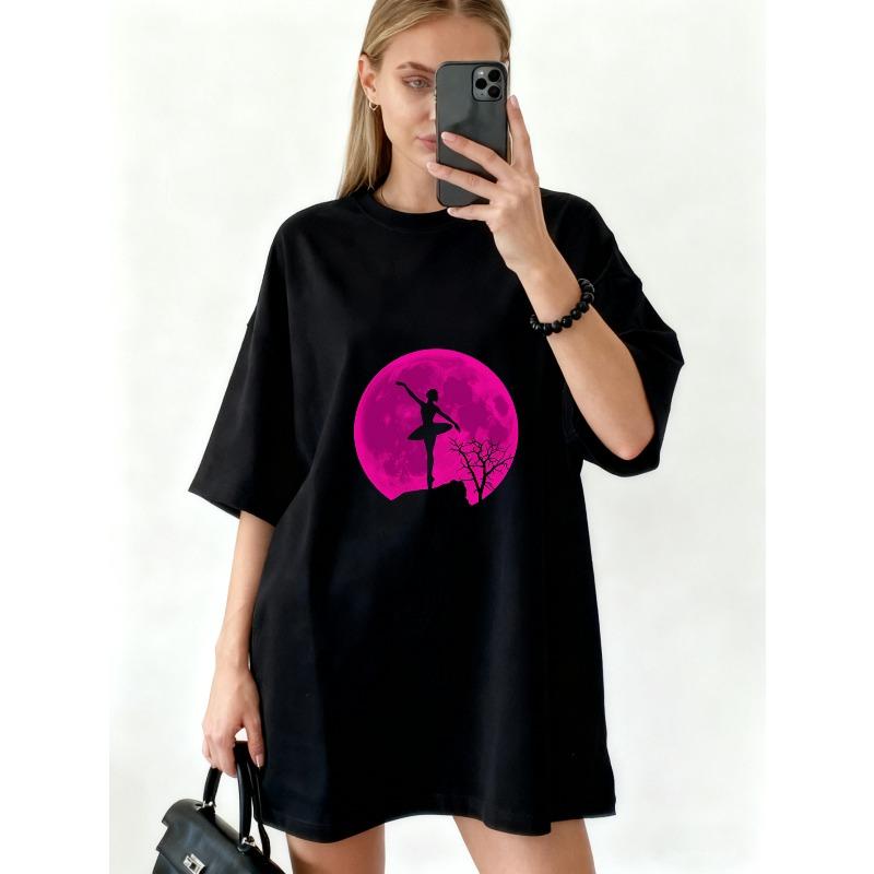 Oversized T Shirt Dress Black Ballerina Silhouette Pink Moon And Tree Print Casual Streetwear For Women