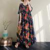 Real Shot Summer Thin Cotton and Linen Round Neck Short Sleeve Flower Simple Bohemian Long Dress Skirt Women