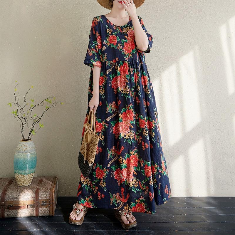 Real Shot Summer Thin Cotton and Linen Round Neck Short Sleeve Flower Simple Bohemian Long Dress Skirt Women