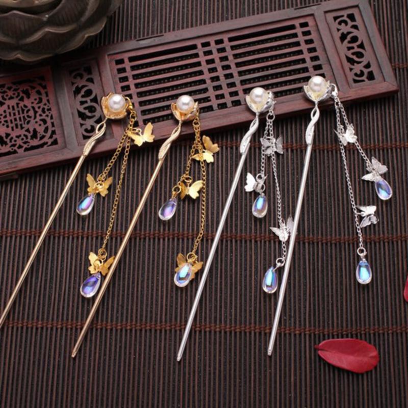 Vintage Palace Tassel Hairpin Stepping With Flower Pearl Hair Sticks