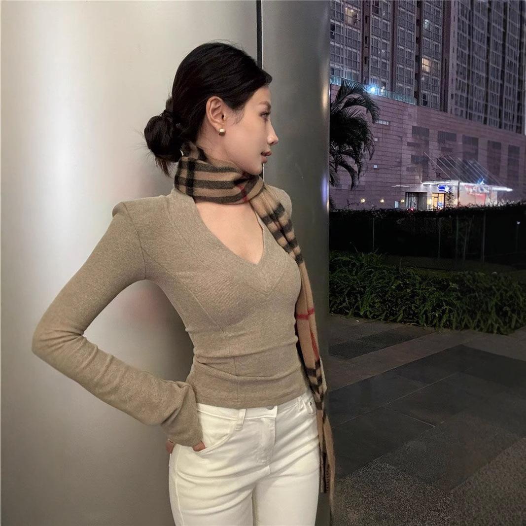 

American Spice Girl Style Slim-fitting Versatile V-Neck Long Sleeve T-Shirt Women s Spring and Autumn Inner Pure Desire Style Skinny Bottom Top S хаки