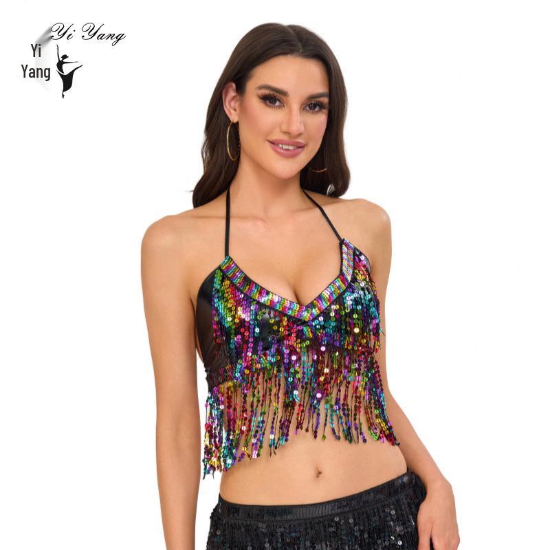 

Евро-американский костюм для танцев с кисточками и пайетками - Топ для тренировок для танца на пилоне и танца живота для выступления в ночном клубе One Size чёрный