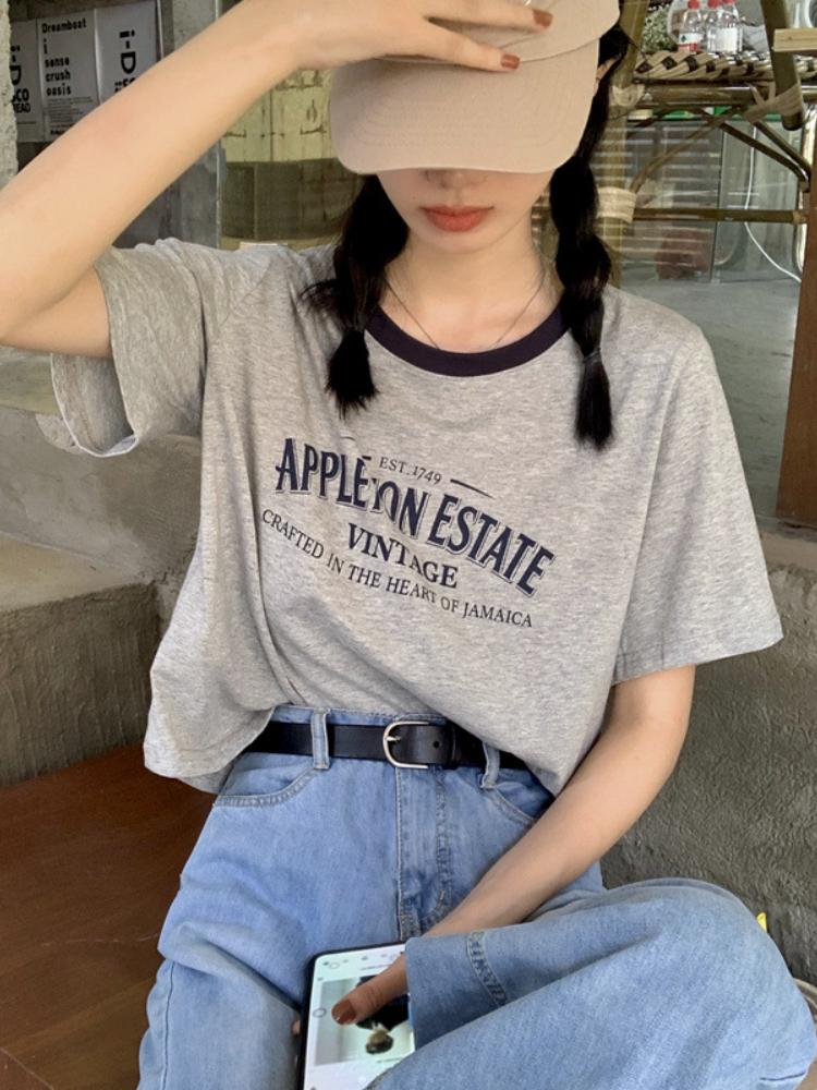 O-Neck Retro Print Tshirt Women Short Sleeve Tee Casual Tank Tops Color-Blocking Crop Top Ladies Summer T Shirt Y2k Streetwear