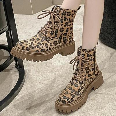 Chaussures pour femmes nouvelles bottes à lacets et fermeture éclair pour femmes à bout rond, couleurs mélangées, imprimé léopard, bottes de mode imperméables