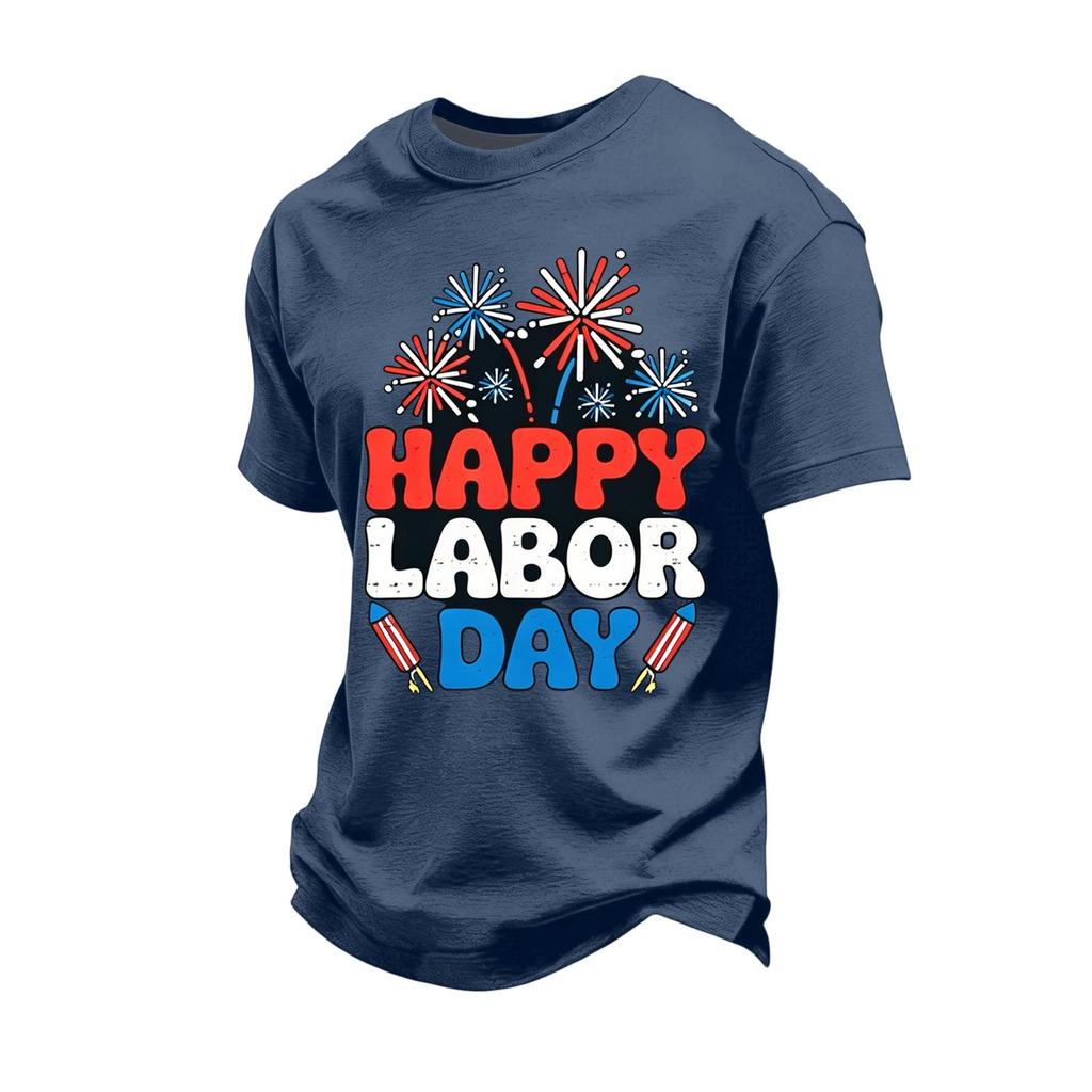 Men's Loose Fit Casual Short Sleeve T Shirt Labor Day Graphic Print Crew Neck Cotton Blend Top for Everyday Wear