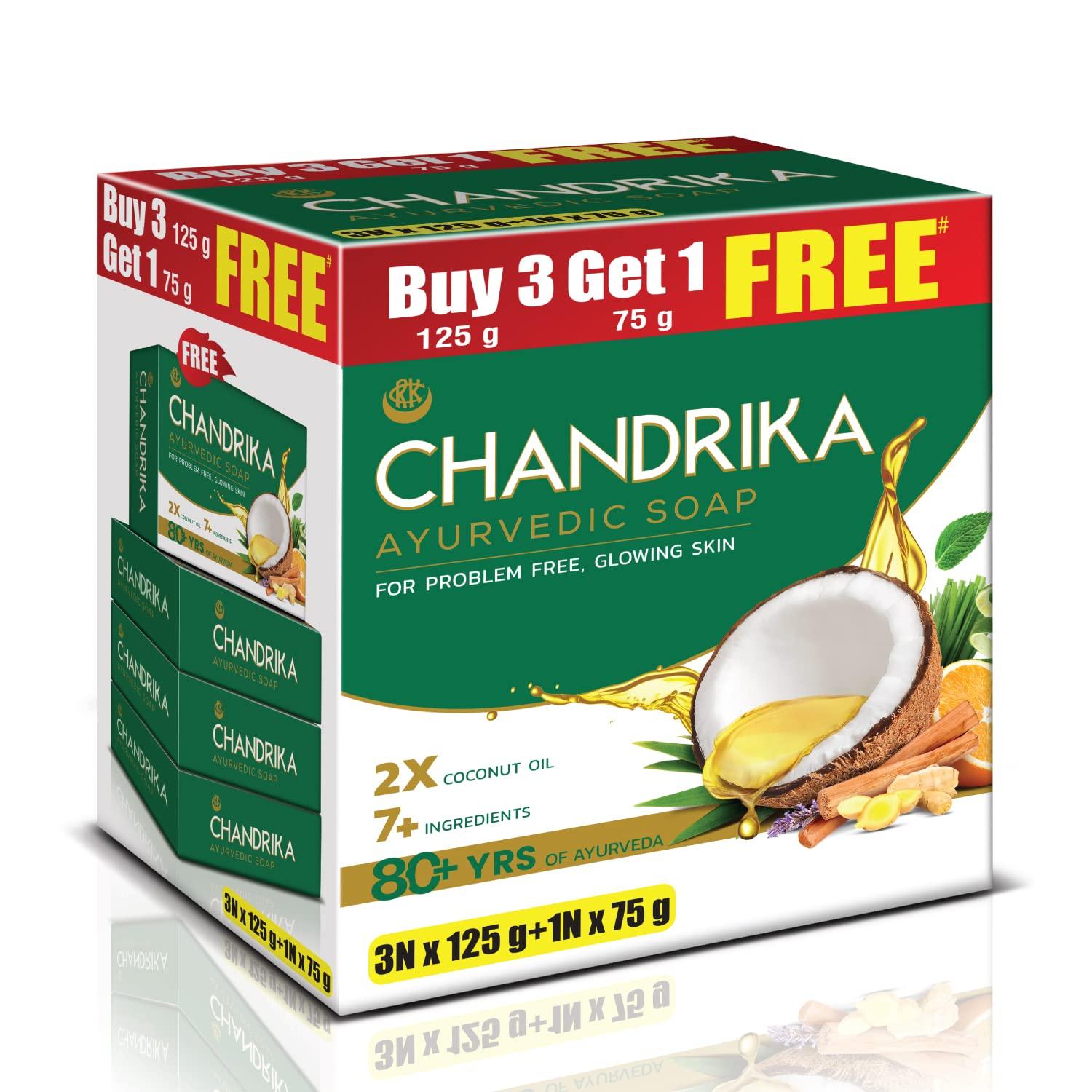 

Chandrika Ayurvedic Soap Classic Handmade Bar For Naturally Radiant Healthy Skin 3NX125g + (1NX75g Free)