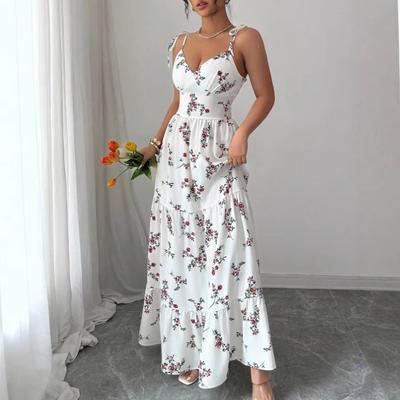 Summer New V-neck Slim-fitting and Thin Floral Long Skirt Printed Fairy Suspender Dress