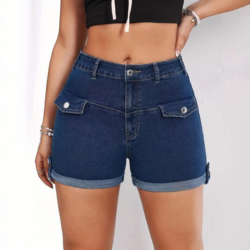 

Roll-edge Hot Pants Women With High Waist Abdomen Elastic Hip Lifting Jeans Medium Stretch Shorts S темно-синий