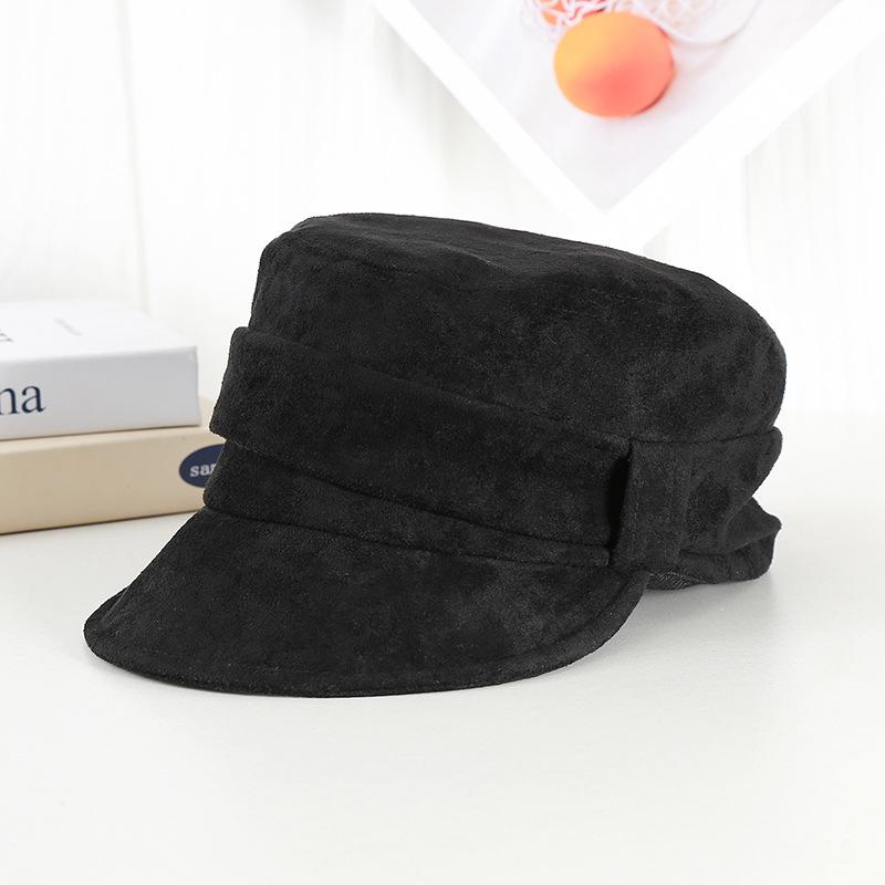 Suede pleated retro flat top hat women's spring and autumn plain face small versatile equestrian hat temperament beret painter hat