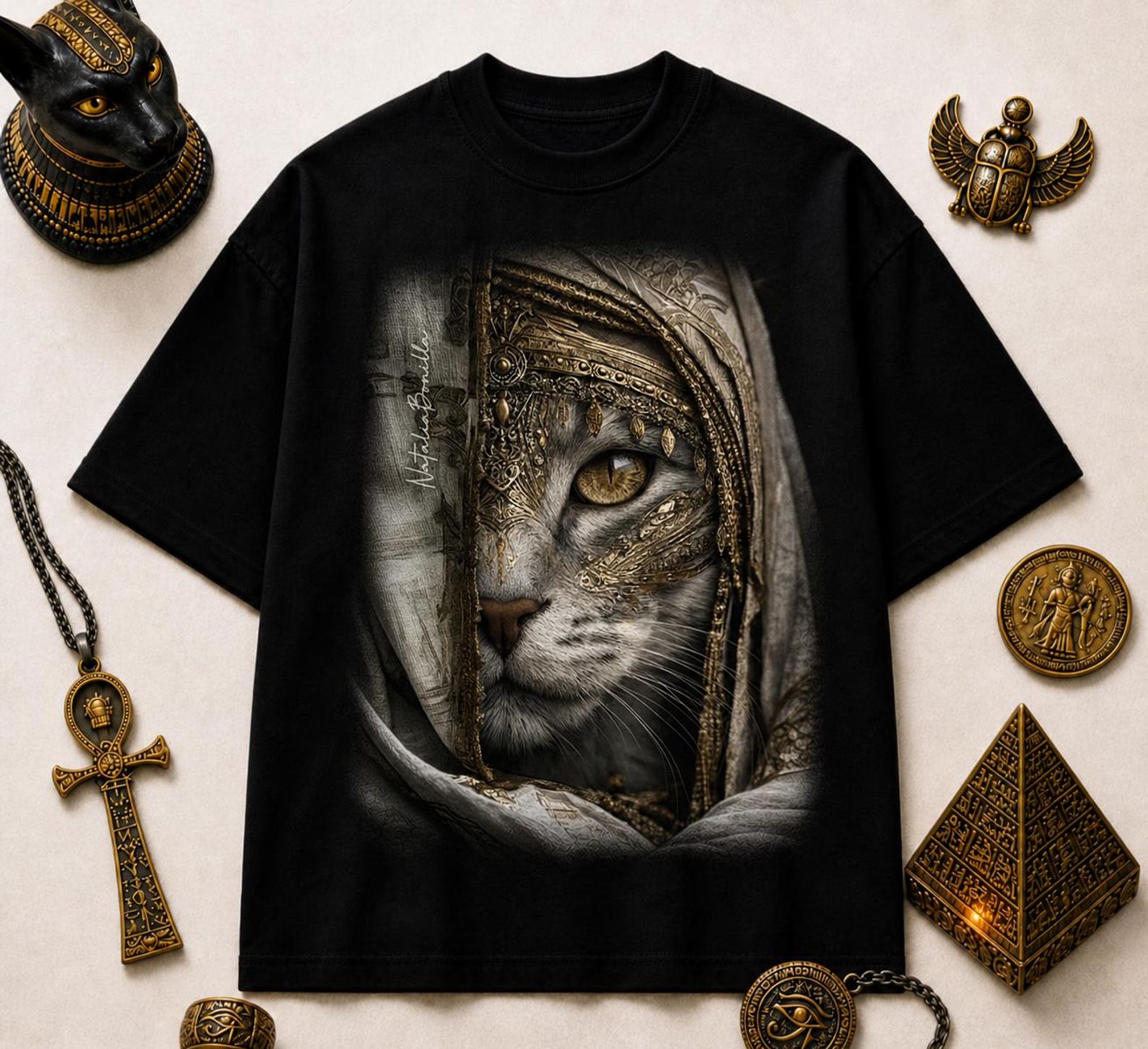 Egyptian Cat T-Shirt, Bastet Goddess Graphic Tee, Ancient Egypt Streetwear, Unisex Black Cotton Shirt S