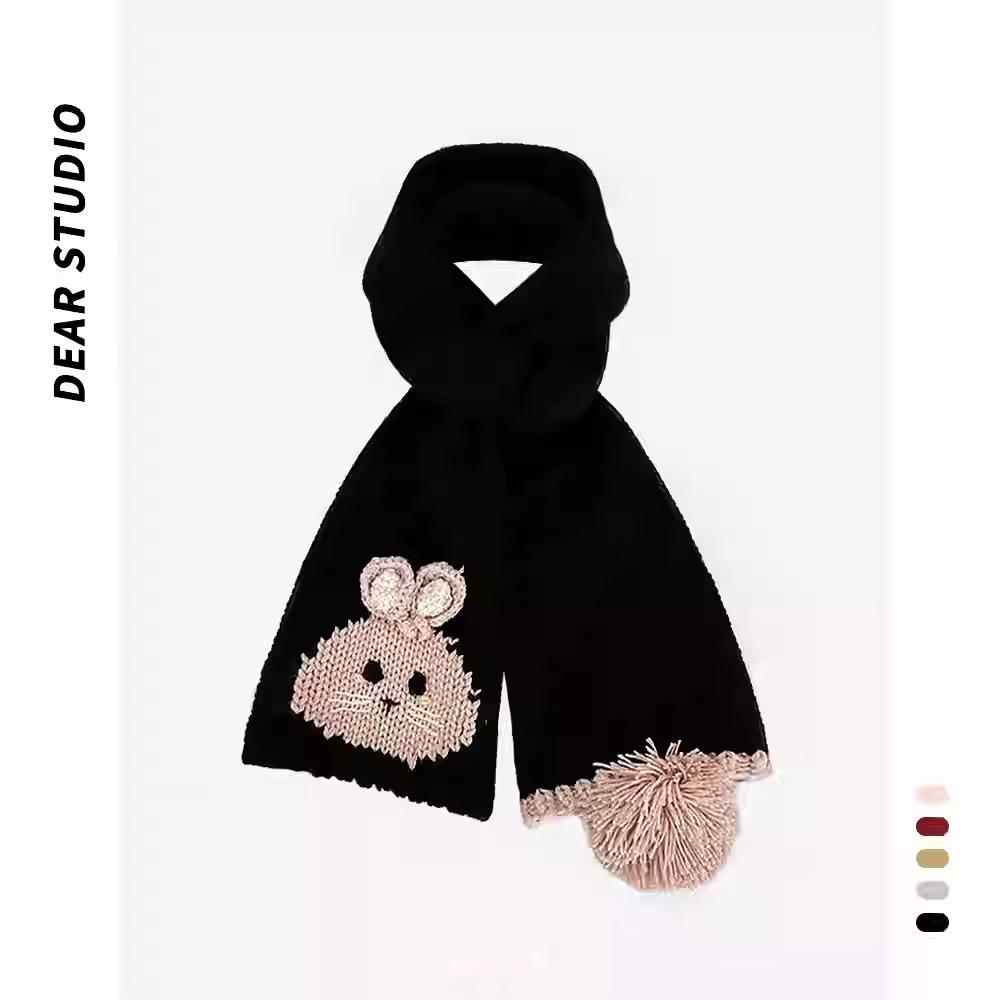 

Милый мультяшный кролик шерстяной шарф женский теплый защита шеи студент белый вязаный шарф ручной работы чёрный