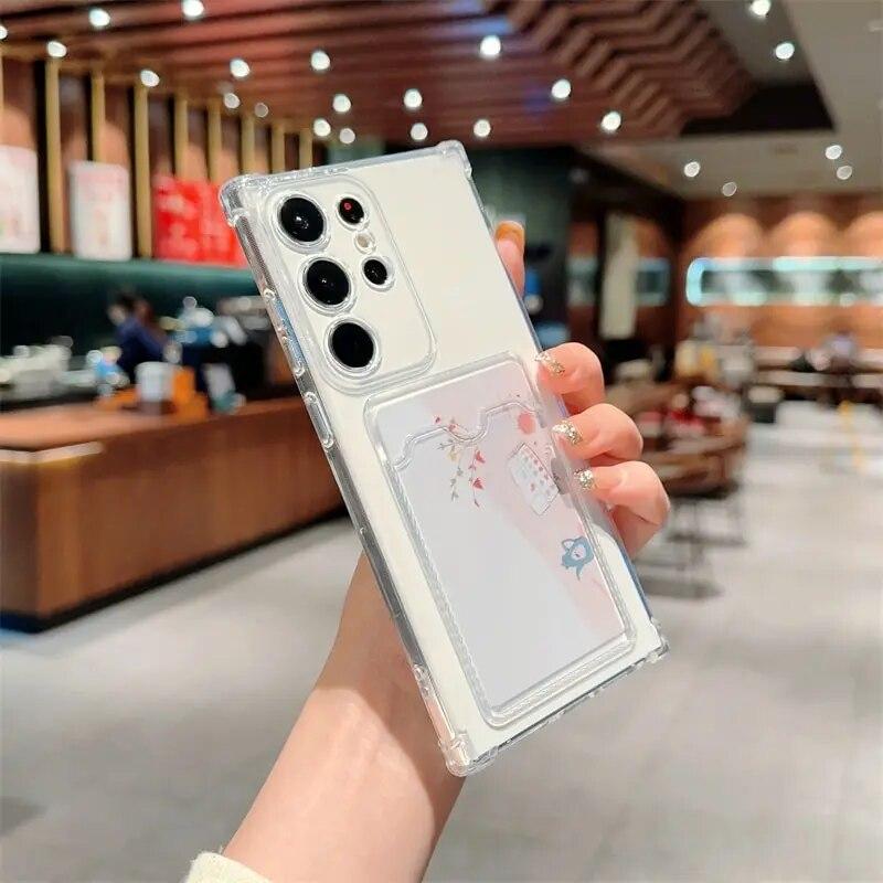 Clear Shockproof Wallet Card Phone Case for Samsung Galaxy S24 Ultra S23 S22 S21 S20 FE Note 20 10 Plus Soft TPU Camera Protection Cover