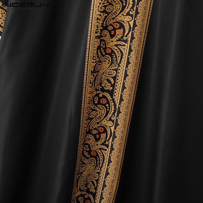 INCERUN Men Deep V Neck 3/4 Sleeve Floral Print Casual Loose Long Robes Tunic Tops