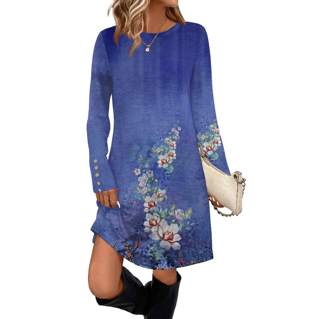 Γυναικείο Μόδα Casual Φόρεμα Με Τσέπη Διακοσμητικά Κουμπιά, Στρογγυλή Λαιμόκοψη Και Μακριά Μανίκια