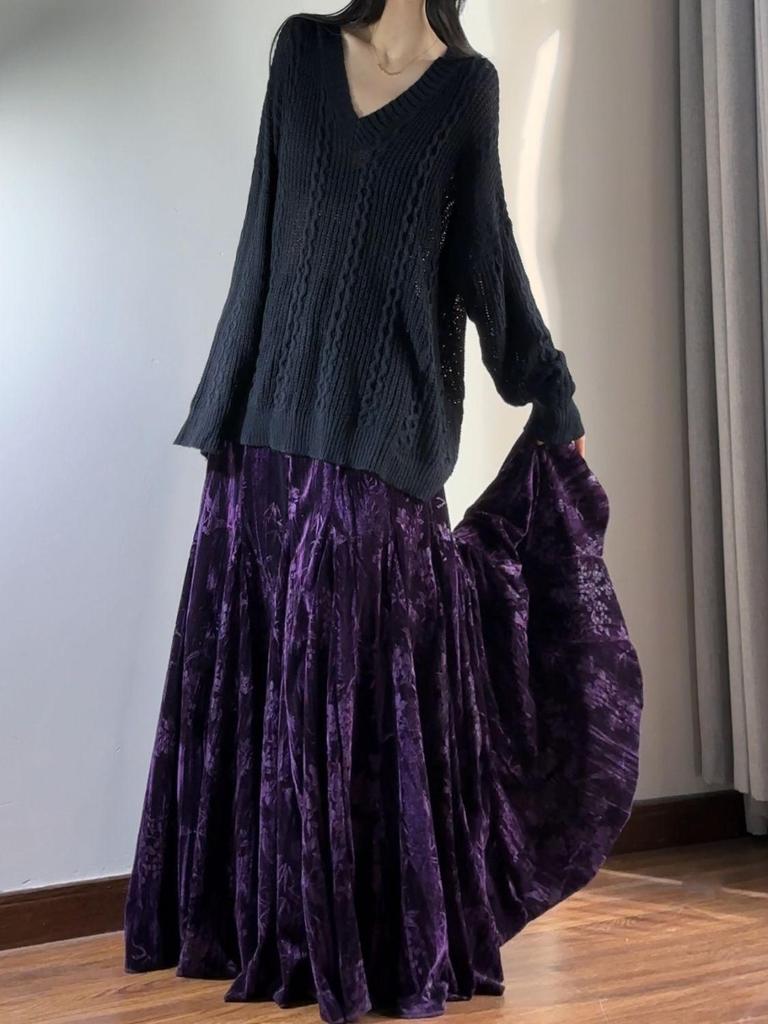 Velvet High Waist Fishtail Skirt - Chinese Style, Long Flare, Autumn/Winter Collection for Women