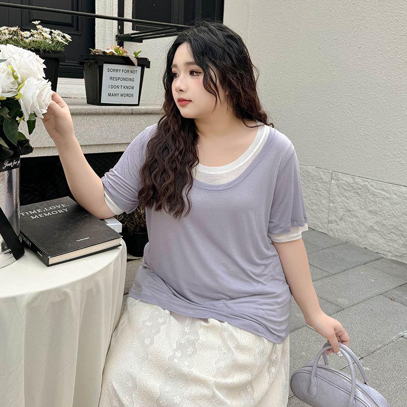 Plus size women clothing [Lyocell Stacked T] Double-Layer Contrast Color round Neck Loose Summer Short sleeve 100.00kg Belly Covering T-shirt
