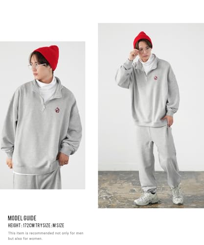 IMPROBS SIDEWAY STANCE Men's Half-Zip Fleece Sweatshirt with Embroidered One-Point Design, 70220, B-Ash