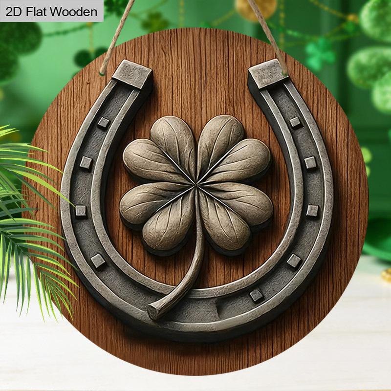 2D Flat 1pc Vintage St. Patrick's Day Four-Leaf Clover Horseshoe Wooden Sign Round Ornament, Home Office Bedroom Living Room Garage Garden Balcony
