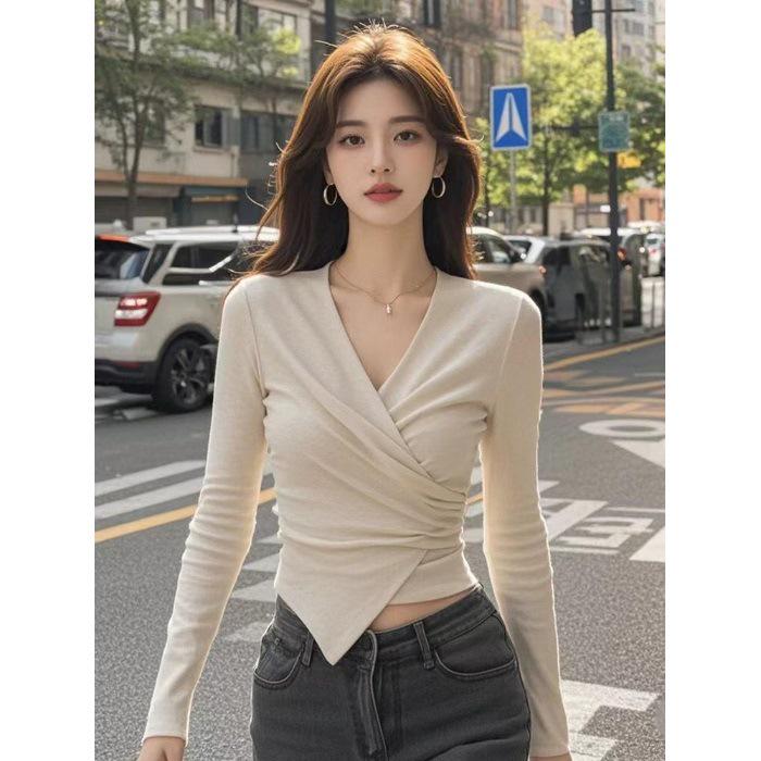 

Новый женский осенний французский топ с V-образным вырезом, плиссировкой и длинными рукавами, приталенного силуэта S