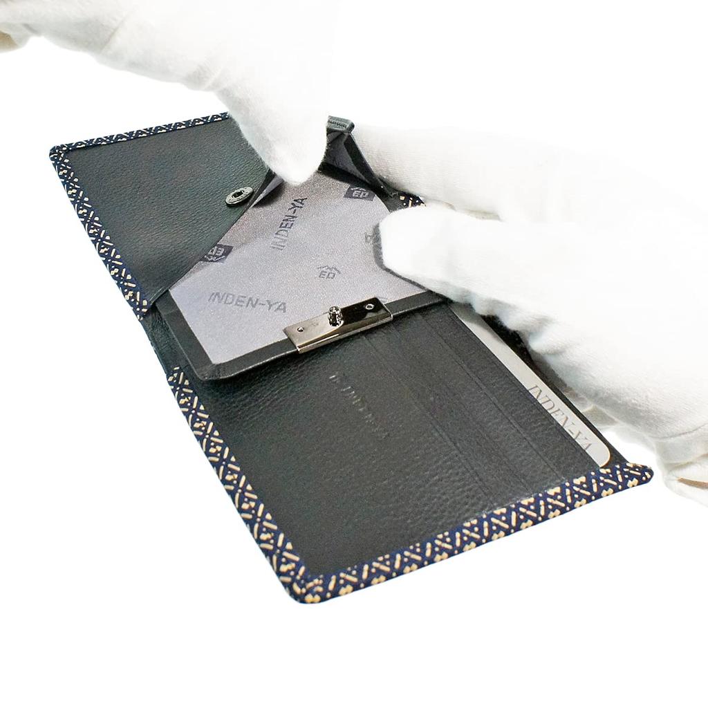 [Inden-ya] Inden Bifold Wallet with Bill Compartment C, Thin Deerskin Leather, Navy Blue with White Lacquer, Gourd Pattern, 2003-14-007
