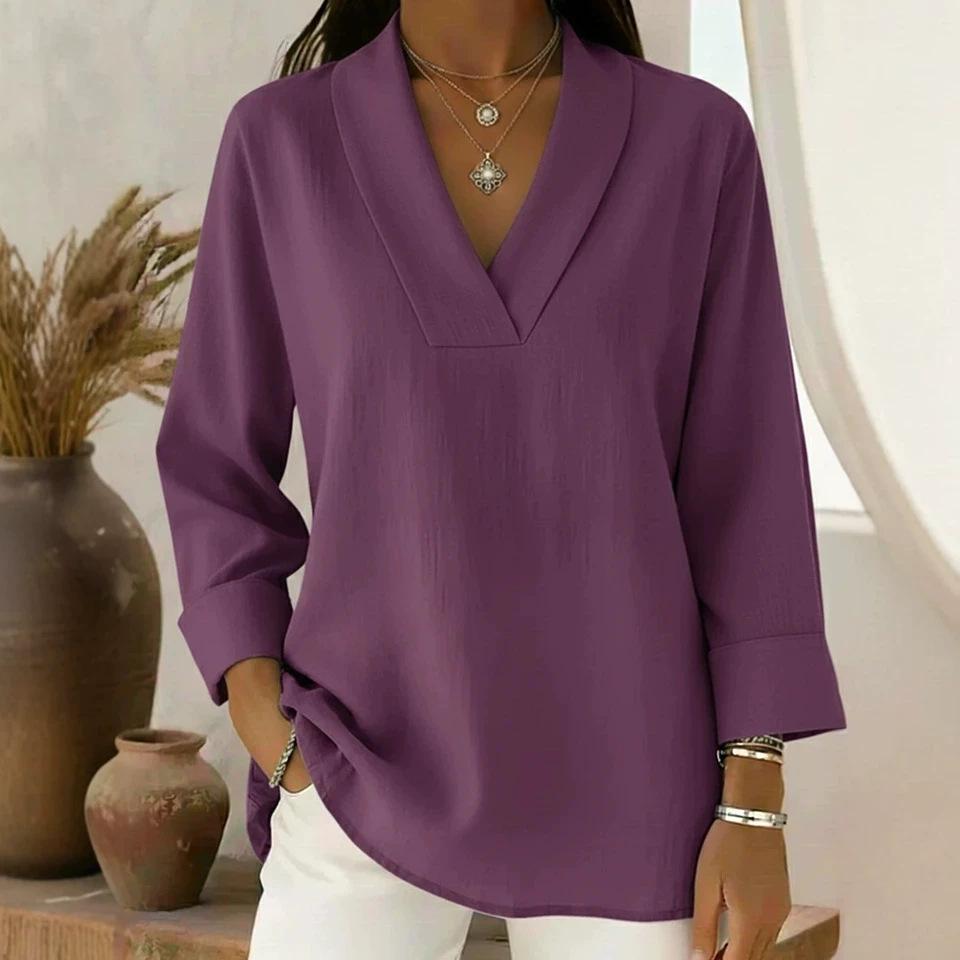 Loose Comfortable V Neck Long Sleeve Casual Pullover T Shirt