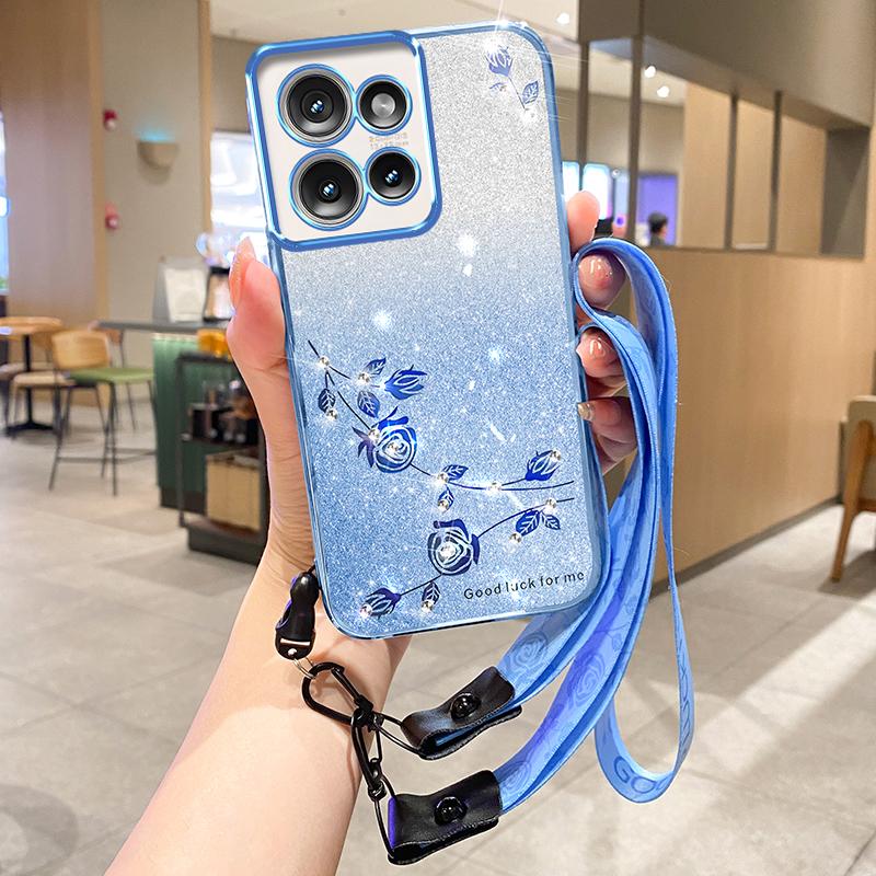 KADEM For Motorola Edge 50 5G Case Flower Pattern TPU Gradient Phone Cover with Lanyards