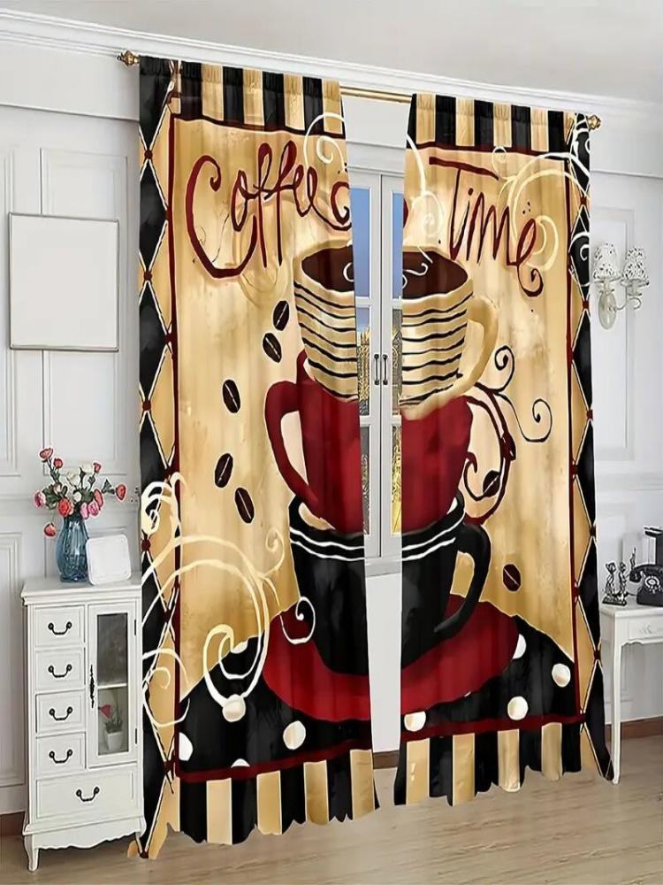 Set Of 2 Colorful Coffee Geometric Pattern Printed Curtains Window Decorations Home Room Curtain Polyester