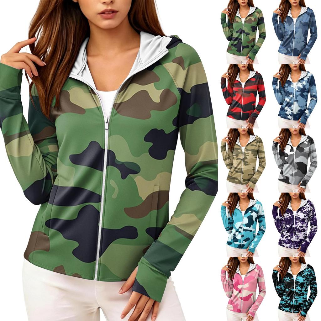 Leichte Kapuzenjacke mit Reißverschluss und Taschen für Damen, Langarm, Camouflage, Sonnenschutzjacke für Outdoor-Aktivitäten