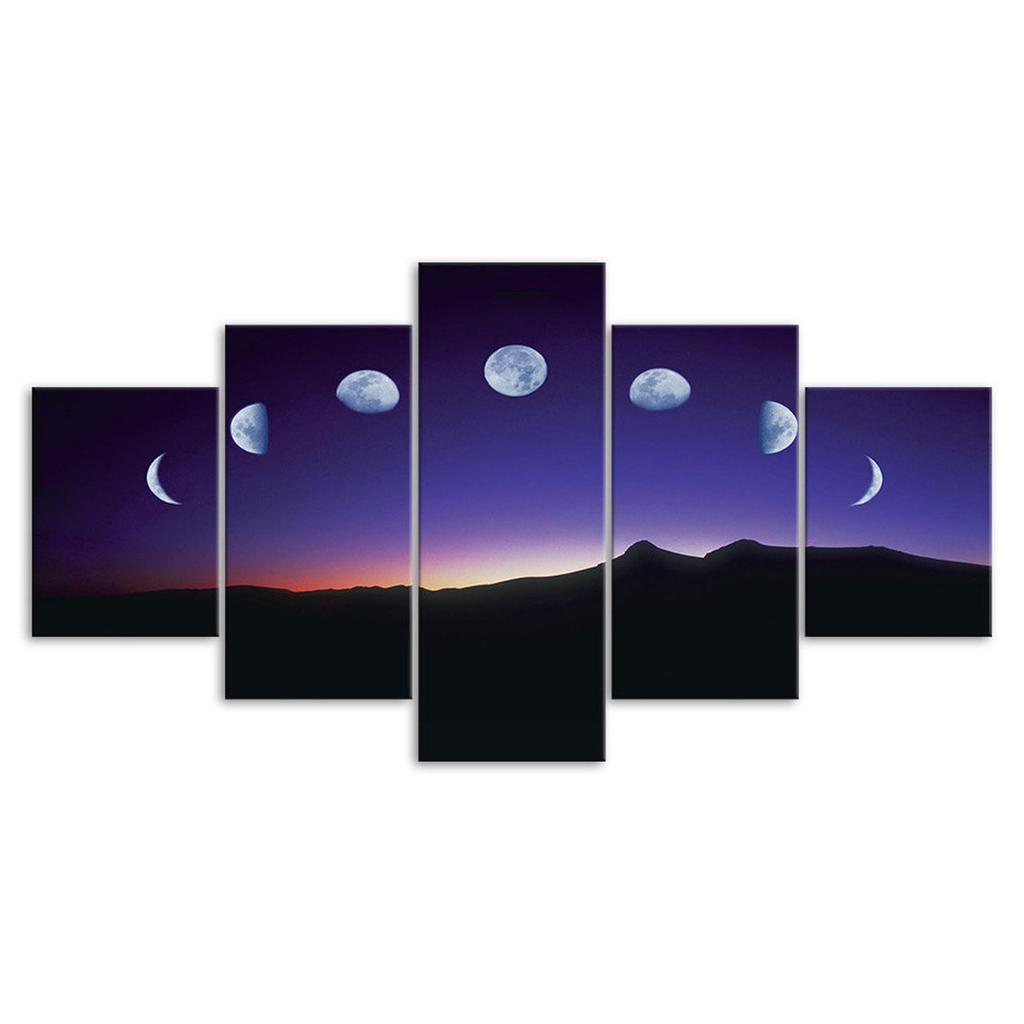 Moon Lunar Phases Night Sky Mountains Landscape 5 Piece Five Panel Canvas Print Modern Wall Art Poster Home Decor Gift For Him For Her