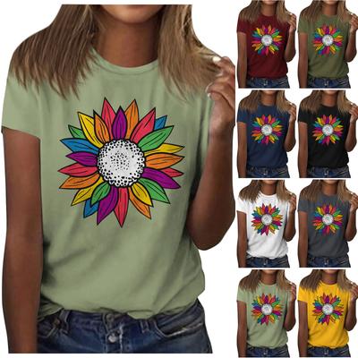 Sunflower Ladies Cute Print Short Sleeve Round Neck Front Shoulder Vintage Short Sleeve Summer Loose Shirt Top