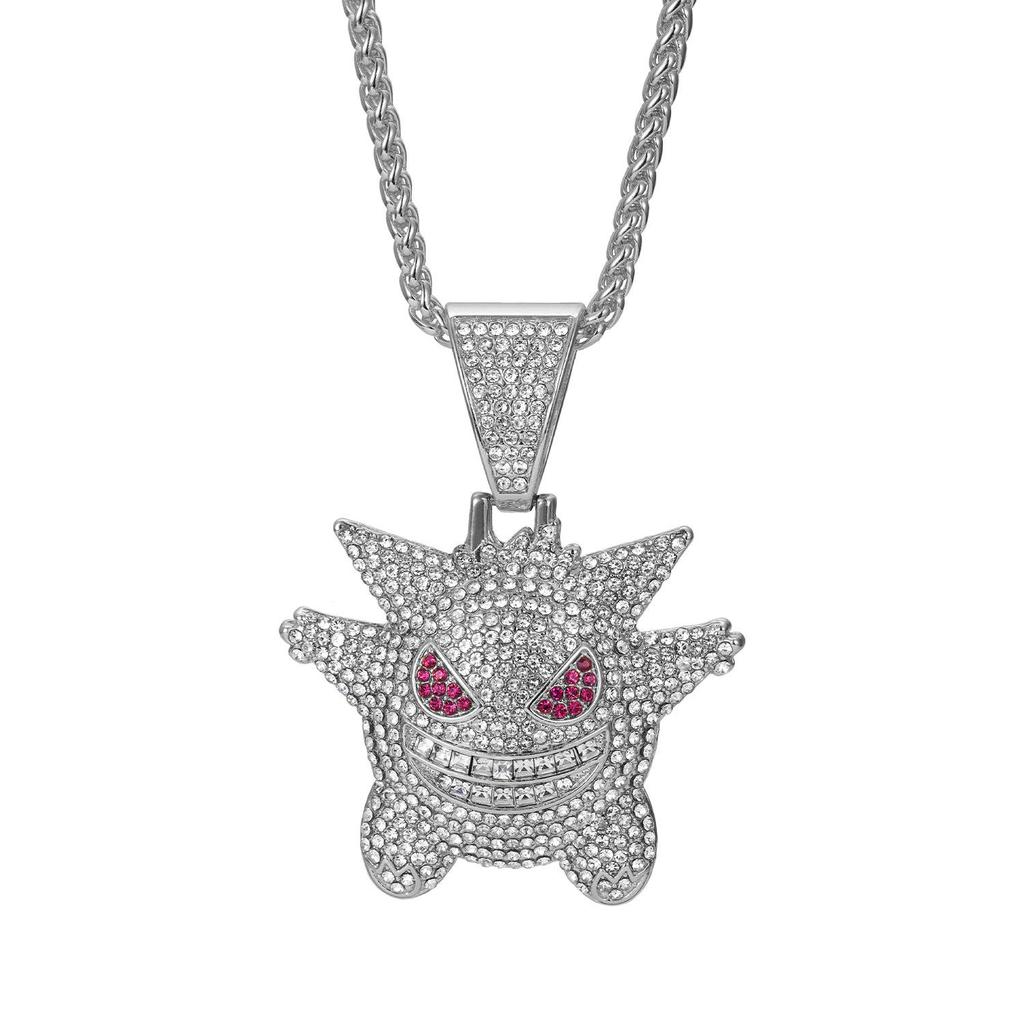 Přehnaný hip-hopový náhrdelník s přívěskem Gengar: Slitinový kreslený řetízek na svetr s plnými diamanty